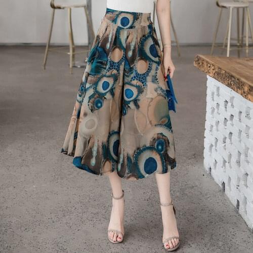 2021 Summer Women Print Flower Wide Leg Loose Dress Pants Female Casual Skirt Trousers Middle Age Mother Large Size Pants W225