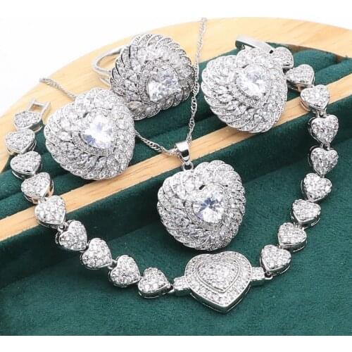 Luxury Heart White Zircon Silver Jewelry Set for Women Bracelet Stud Earrings Necklace pendant Ring