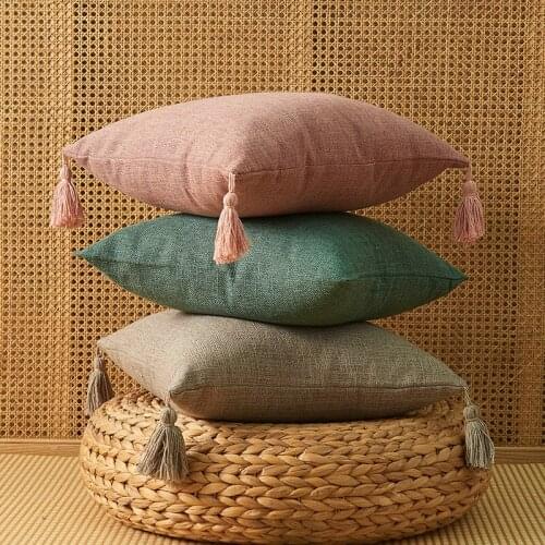 Japanese Solid Color Cotton and Linen Tassel Pillowcase Home Simple Art Style Square Pillow Cushion Cover
