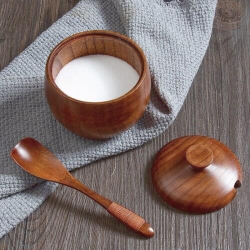Wooden Salt Cellar Sugar Bowl Pepper Box Salt Seasoning Container Storage Box with Lid and Spoon Wooden Spice Box Spice Jars