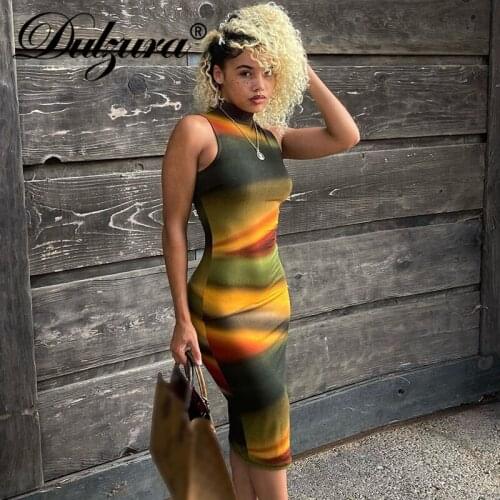 Dulzura Gradient Tie Dye Print Women High Neck Sleeveless Midi Dress Bodycon Sexy Streetwear Party Club 2021 Autumn Winter Y2K