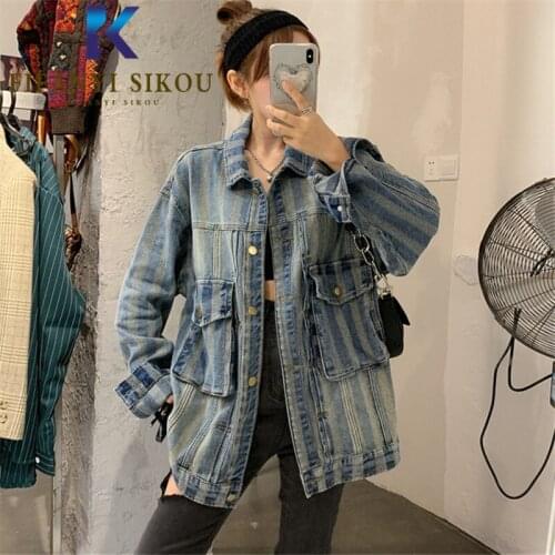 Jeans Jacket Women Pocket Lapel Fashion Washed Striped Denim Jacket Autumn Womens Plus Size Loose Jeans Coat Harajuku Jackets