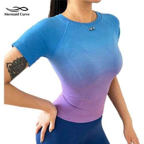 Mermaid Curve Elastic Tight Sports T-Shirt Female Summer New Gradient Color Running Quick-Drying Short-Sleeve Fitness Yoga Top