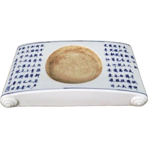 Chinese porcelain blue and white ink stone with red characters