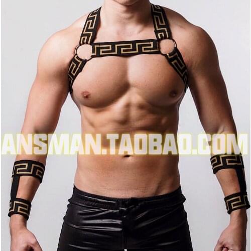 Trendy gay costumes elastic bandage black gold sexy hollow chest strap white stretch band carnival party
