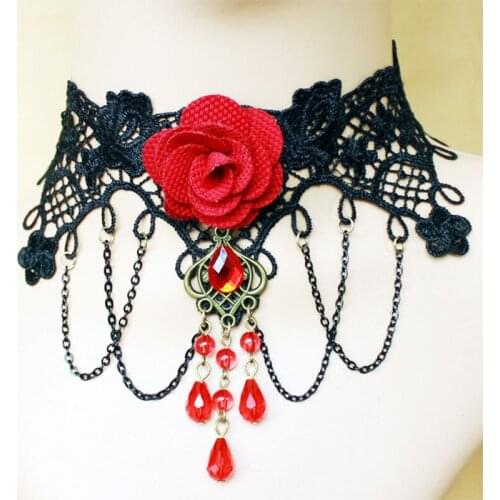 Red Rose Flower Pendant Necklaces For Bridesmaids Jewelry Tassel Chains Hollow Lace Sexy Chokers Crystal Charm Statement Choker