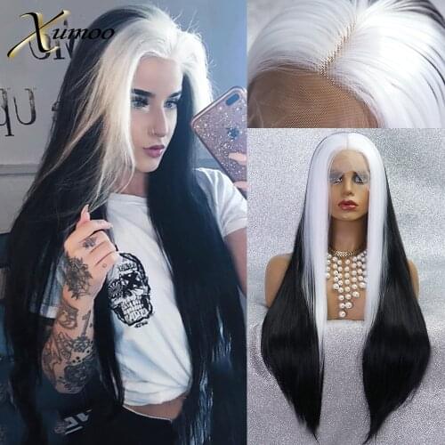 XUMOO Highlight White Black Synthetic Wig High Temperature Fiber Bone Straight Lace Front Wig Cosplay Party Wigs For Black Women