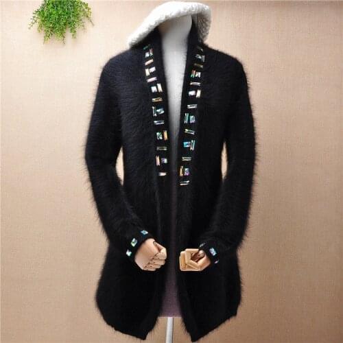 Top quality female women Korean beaded hairy soft angora rabbit fur knitted long loose cardigan mink cashmere winter jacket coat
