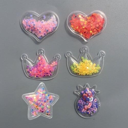 30pcs PVC Transparent Bling Heart Star Crown Crystal Flowing Patches Appliques Cartoon DIY Children Hair Clip Accessories