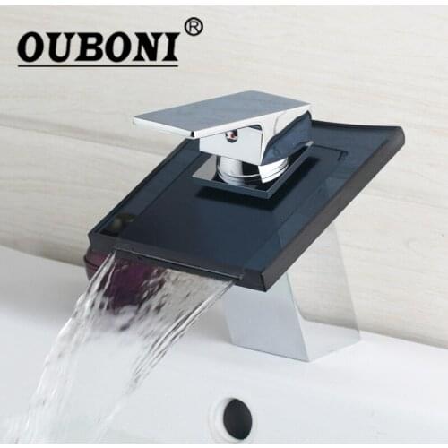 OUBONI Waterfall Black Square Glass Bathroom Sink Faucet Mixer Tap Chrome Polish Single Handle