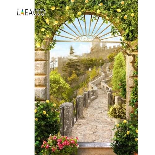 Laeacco Wedding Photophone Bride Shower Photography Backdrops Cloister Trees Flowers Grass Photo Backgrounds Summer Photozone