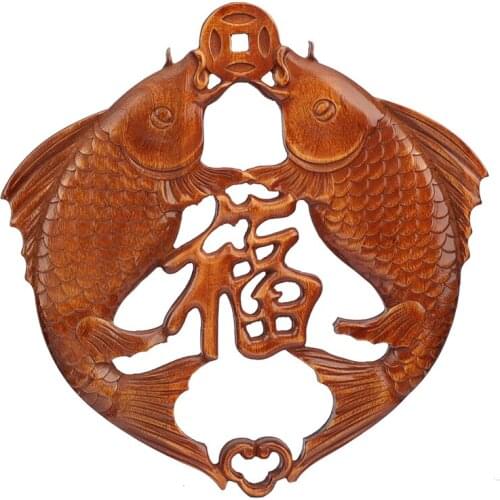 VZLX Wood Carved Applique Frame Corner Onlay Unpainted Furniture Home Door Decor Decoration Accessories Double Fish Blessing