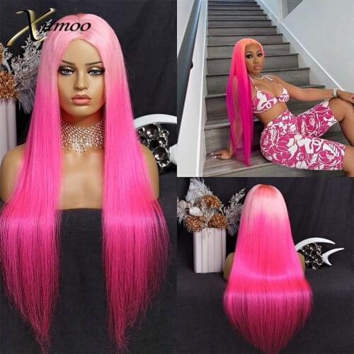 Xumoo Ombre Hot Pink Lace Front Wigs Pre Plucked Long Bone Straight Transparent Lace Brazilian Human Hair For Cosplay Party