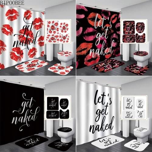 Red Lip Get Naked Bathroom Curtain Durable Fabric Shower Curtain Set Bath Mats Rugs for Home Decor Toilet Cover Non-slip Mat
