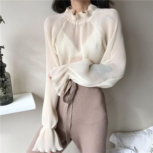 2019 NEW Korean Vintage Fashion Blouse Spring Newly Stand Collar Women Shirts Puff Sleeve Patchwork Pleated Blusas