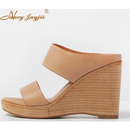 Nude Brown Wedges Slippers Slides Two Wide Strap Round Toe Low Platform Wood Pattern Heels Fashion Women Shoes 2019 Plus Size 16