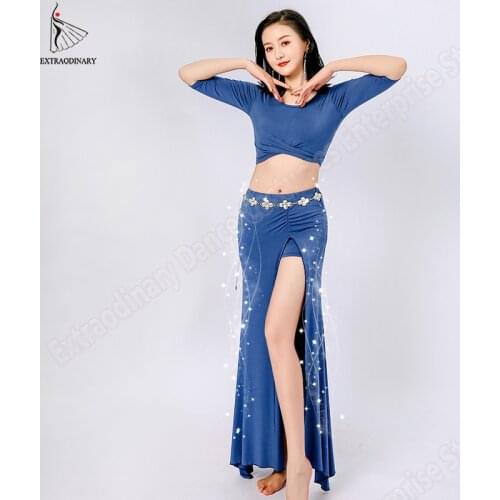 Women Sexy Fashion Bellydance Practice Clothes Top Skirt Professional Belly Dance Oriental Costumes Set Top Skirts Split