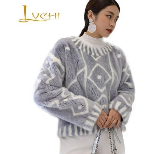 LVCHI Winter 2019 3D Print Mink Fur Coats Womens O-Neck Real Fur Long Sleeve Geometric Short Loss Full Pelt Causal Mink Coats