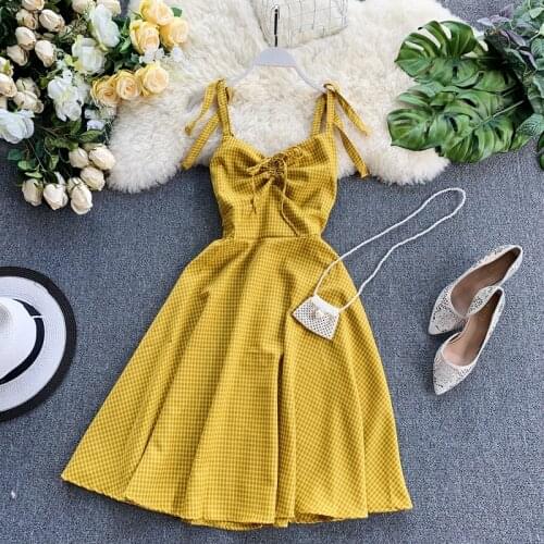 2019 summer new womens chic V collar lace-up sleeveless waist plaid sling A-line dress female strap Drawstring chiffon dresses