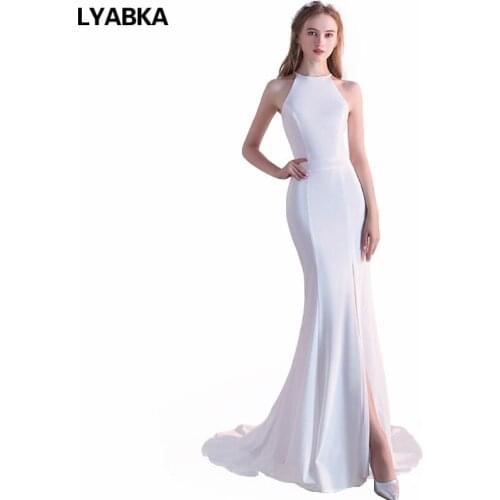 Cheap Halter Neck Prom Dresses Vestido De Festa 2019 Sexy Mermaid Prom Dress High Quality Side Slit White Prom Dress For Party