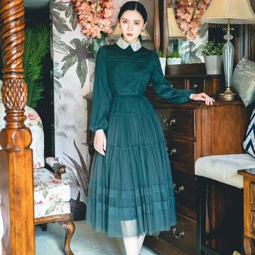 2019 new fashion womens adult clothing doll collar mesh dress female autumn and winter retro