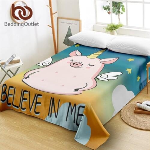 BeddingOutlet Pig Angel Flat Sheet Cute Piglet Kids Bedding Linen Cartoon Animal Unicorn Bedspread Pink Bedclothes Queen King