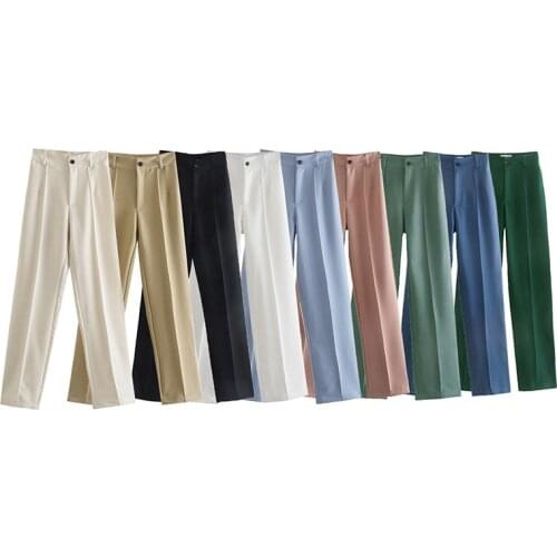 Women Chic Pants Fashion Office Lady Solid Straight Pants Vintage High Waist Zipper Fly Female Trousers Mujer