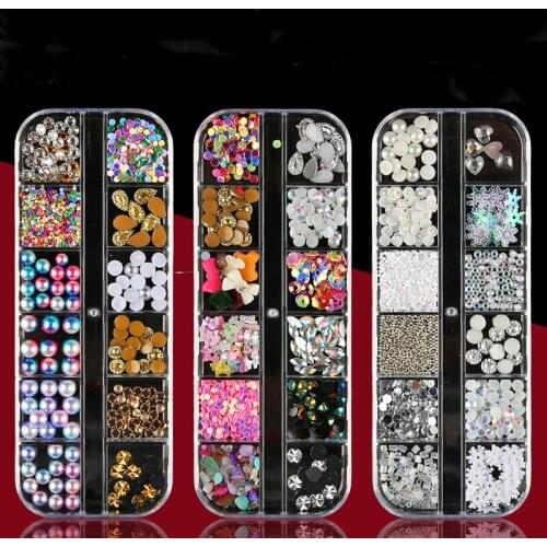 12 Grid Mixed Designs Colorful Nail Art Decorations Christmas snowflake flakes Rhinestones Pearls Beads Acrylic Nail Accessories