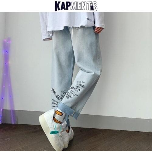 KAPMENTS Men Cartoon Streetwear Oversize Jeans Pants 2020 Mens Letter Baggy Denim Pants Homme Hip Hop Vintage High Waisted Jeans