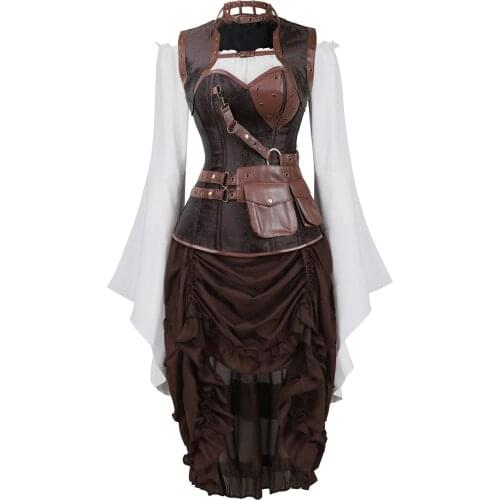 Corset Bustier with Pirate Skirt and Blouse Vintage Retro Faux Leather Korsage Sexy 3 Piece Carnival Party Costumes Steampunk