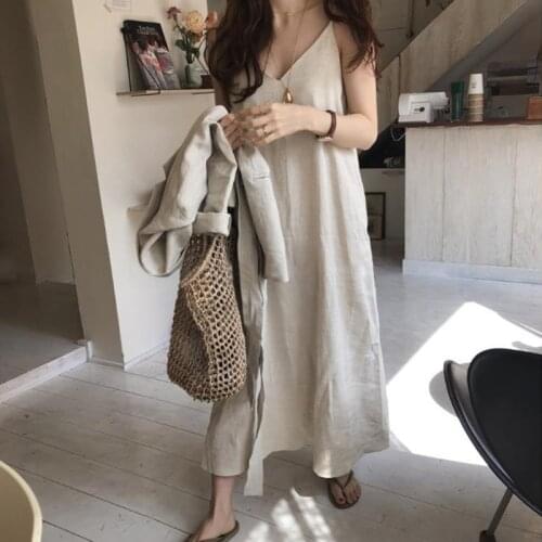 2020 summer cool ladies camisole V-neck cotton and linen ladies vest solid color sexy loose dress girl long vest skirt