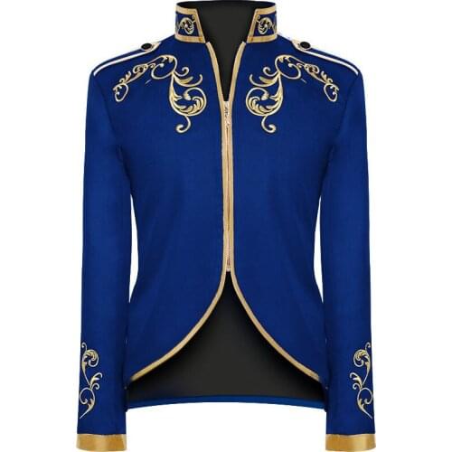 Mens Court Fashion Prince Uniform Gold Embroidery Blazer Suit Jacket Men Vintage Medieval Retro Jackets Coats Halloween Costume