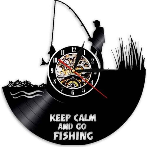 Keep Clam And Go Fising Wall Clock Relax Vintage Vinyl Record Hanging Watch Creative Art Home Decor For Living Room Decoration