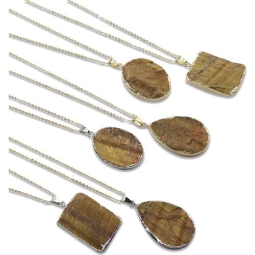 Natural Tiger Eye Stone Popular Oval Rectangular Water Drop Shaped Gold Bezel Metal Chain Womens Pendant Necklace Jewellery