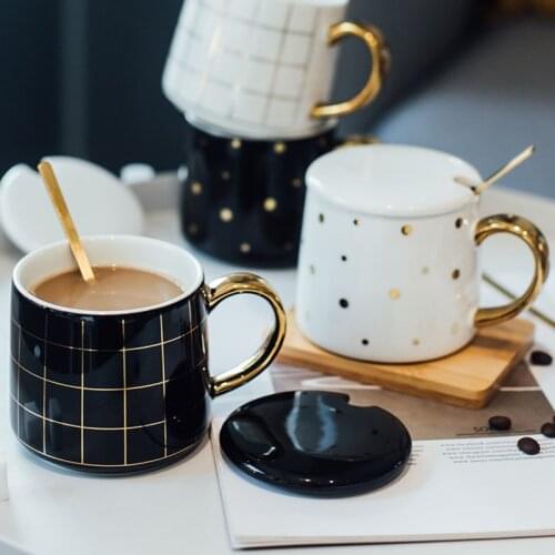 Luxury Ceramic Geometric Plaid Polka Dot Pattern Brief Coffee Mug Gold Breakfast Milk Water Cup Drinkware Couple Creative Gifts