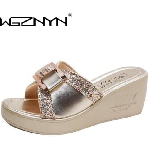 NEW Women Summer Slippers Ladies Glitter PU Wedges Shoes Female Casual Slingbacks Sandals Comfortable Platform Woman