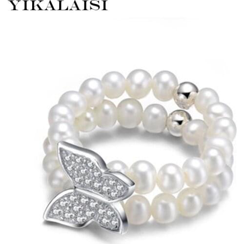 YIKALAISI 2017 fashion Pearl Ring Jewelry Of Silver Butterfly Double Row Ring Wedding Rings 925 Sterling Silver Rings For Women
