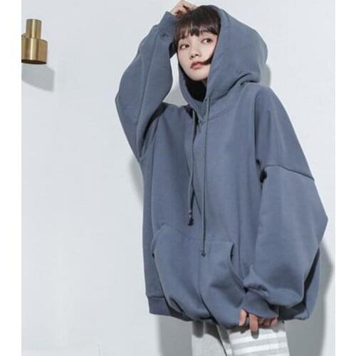 Womens Hoodies Cotton Plus Velvet Thick Jacket Haze Blue Student Autumn Winter Warm Clothes Korean Style Oversized Loose Coat