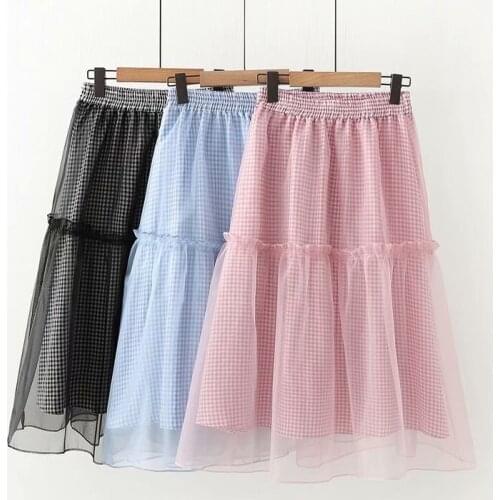 Skirts Women Elegant Sweet Lady-Style Mesh Stitching Harajuku Large Swing Check Skirt 2020 Summer Girls Casual Skirt