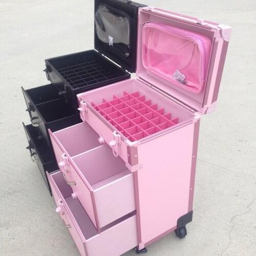 Women Lovely pink Trolley Cosmetic case Rolling Luggage,Men Fashion black Nails Makeup Toolbox,Beauty Tattoo Trolley Suitcases