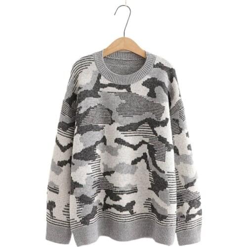 Women Camouflage Print Knitted Sweaters 2020 Autumn Winter Long Sleeve Round Neck Loose Pullover Tops Outerwear