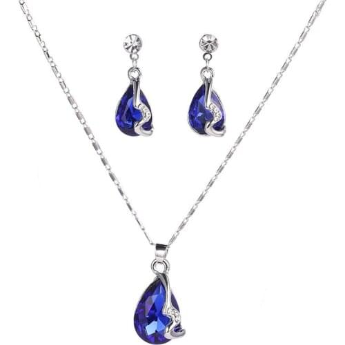 925 sterling silver necklace earrings ladies, dripping gemstone dark blue jewels, wedding / engagement Fine jewelry set