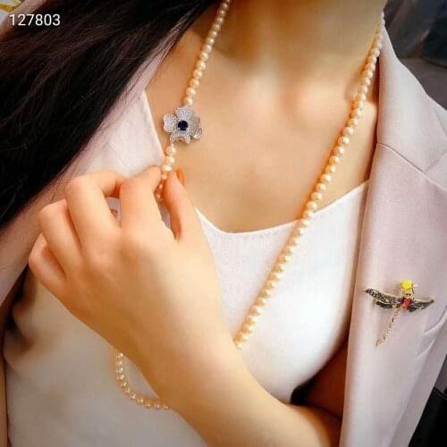 Hand knotted noble 7-8mm 90cm pink freshwater pearl micro inlay zircon flowers accessories necklace sweater chain