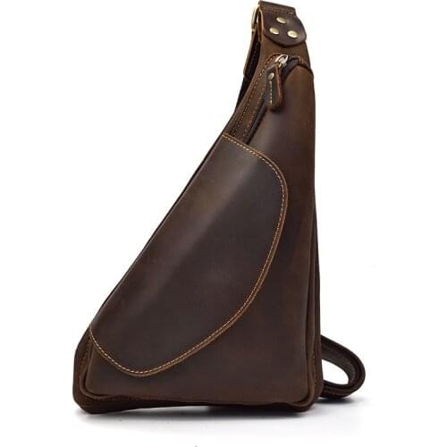 Crazy Horse Genuine Leather Mens Sling Chest Day Pack Back Vintage Casual Messenger Bags Cross Body Real Cowhide Shoulder Bag