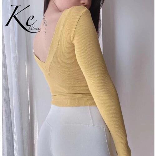 KE pink yellow thread high elastic V-neck two wear yoga fitness long-sleeved shirt casual net red short coat women