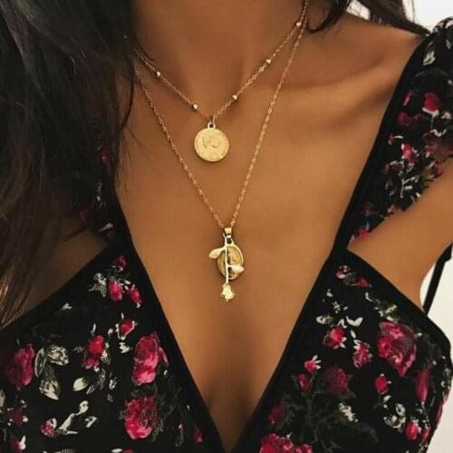 GinaDeer Gold Rose Necklaces Women Jewelry Lovers Collier Girl Coin Bohemia Choker Necklace Multilayer Chain Collares