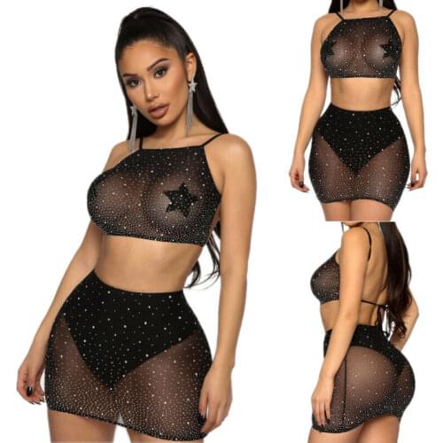 Women Sexy Sleeveless Lace Up See Through Rhinestone Crop Top+High Waist Mini Skirts Club Beach 2Pcs Set Sleepwear Underwear