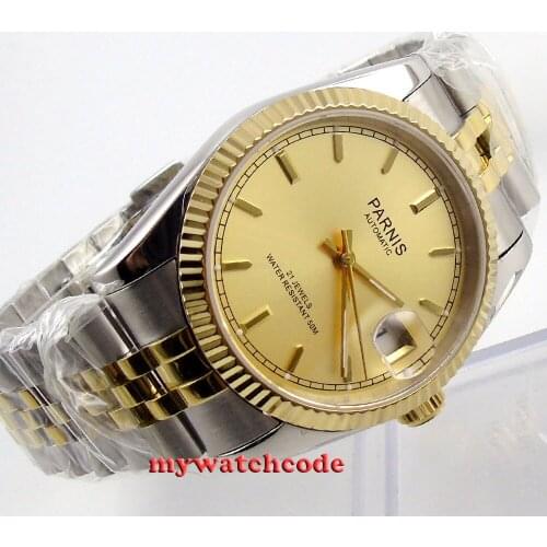36mm Parnis gold dial Sapphire glass 21 jewels Miyota automatic mens watch 409