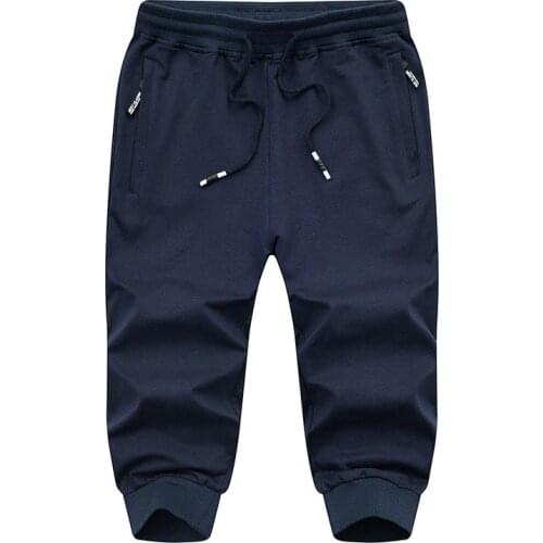 Mens Casual Shorts Zipper Pocket Calf-Length Pants Cotton Sports Jogger Gym Fitness Sweatpants Bermuda Shorts Plus Size Trousers
