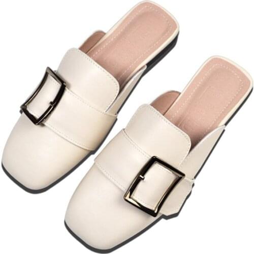 Fashion Womens Slides Microfiber Leather Mules Slippers Durable TPR Soled Buckle Half Sandals Soft Lining Outside Female Shoes